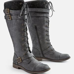 Just Fab Delphinia Lace-Up Sweater Boot Black 8.5 Tall Buckle Combat Riding